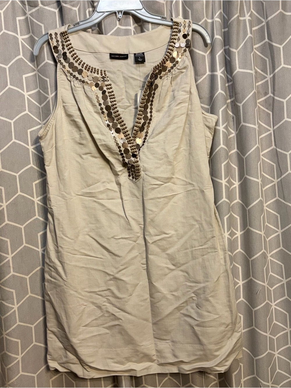 New York & Company Cream Sleeveless Midi Dress with Gold Sequin V-Neck